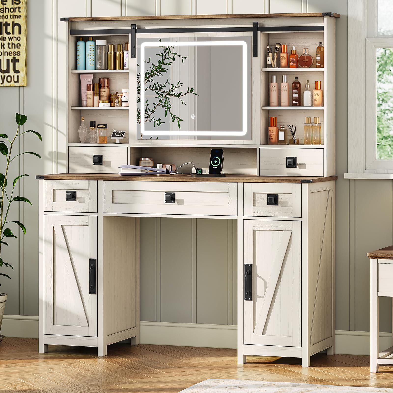 Amazon.com: Farmhouse Makeup Vanity Desk with Sliding Mirror and